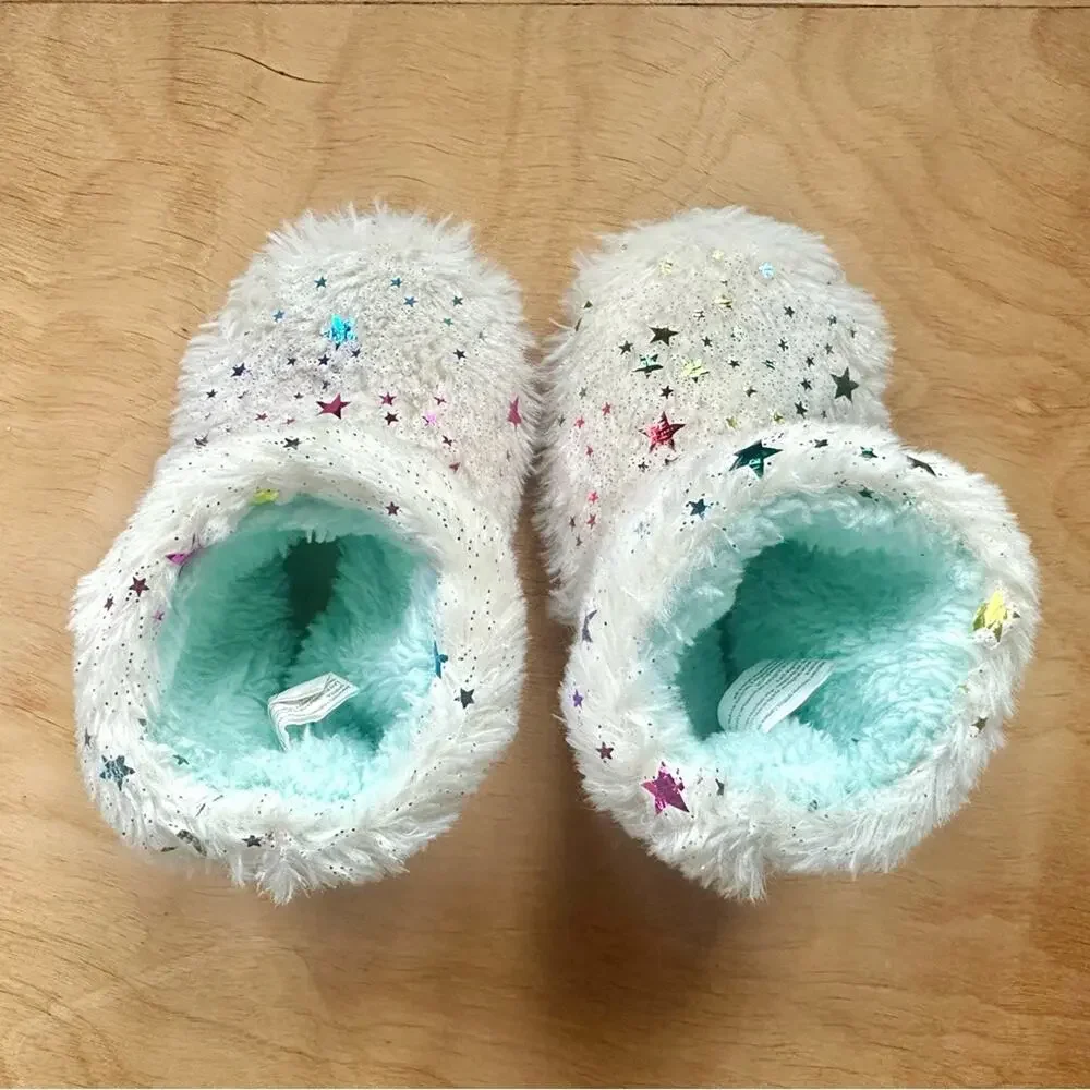 Dearfoams Toddler Slipper Boots Size S 9-10 White Faux Fur Star Cozy